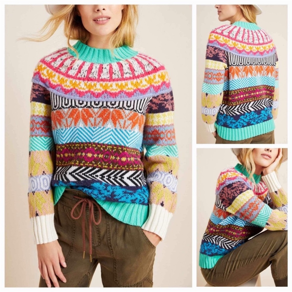 Anthropologie Ryan Fair Isle Multicolor Vibrant Sweater size Small